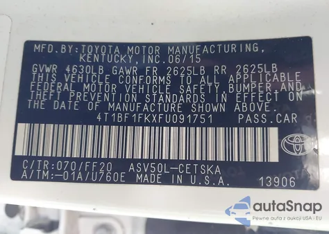 2015 Toyota Camry Se z USA, uszkodzony, nr VIN 4T1BF1FKXFU091751